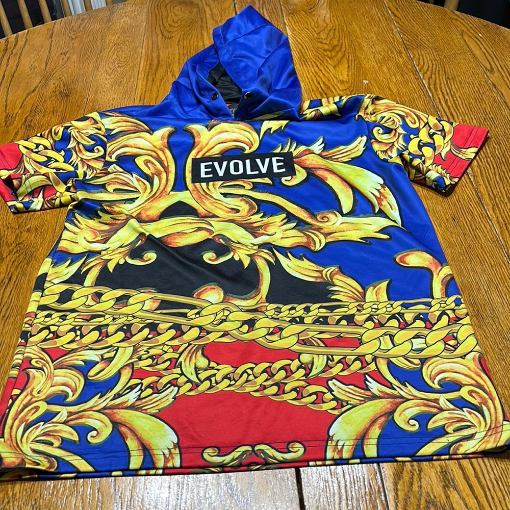 Encrypted brand men’s hooded shirt. Blue w/gold chain design. Size Large.